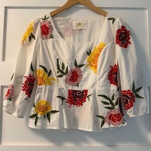 White Peplum Blouse with 3/4 Sleeves and Embellishments